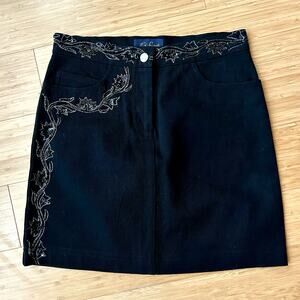 EUC Luisa Spagnoli Vintage Black Embroidered Denim Mini Skirt Sz 6 Beaded Floral